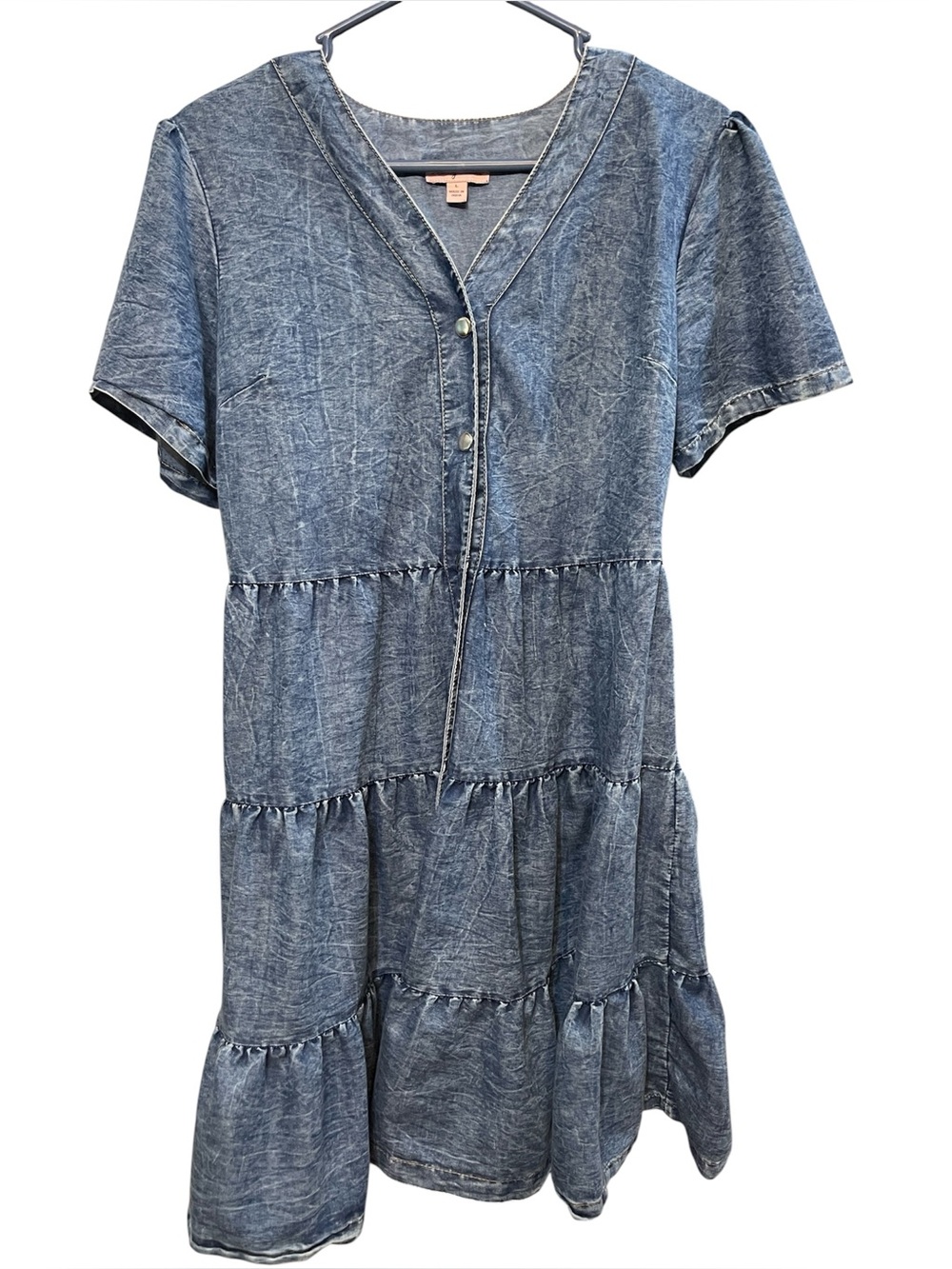 Tiered Short-Sleeve Mini Dress in Washed Blue Denim